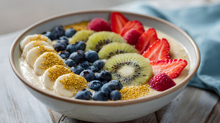 Bright smoothie bowl with banana kiwi strawberries blueberries and bee pollen on creamy base served on light wooden table in sunlit kitchen
