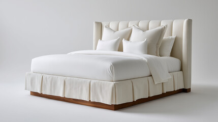 luxury villa king size bed featuring a refined upholstered curved silhouette headboard with soft vertical paneling and clean, tailored edges. Solid dark walnut wood