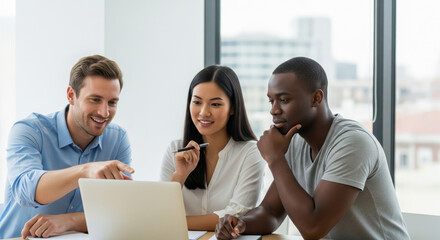 Three coworkers sitting together in a modern office, discussing documents and smiling while looking at a laptop. Bright natural light, casual professional clothing, teamwork