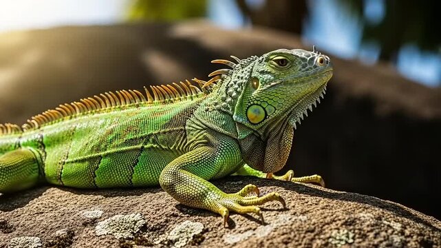 Green Iguana Resting on a Textured Surface in Sunlight.