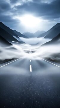 Misty Mountain Valley Road Journey Through Foggy Landscape Dramatic Sky Over Asphalt Highway