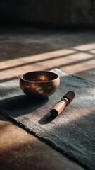 Tranquil scene with a Tibetan singing bowl and mallet on a mat, ideal for mindfulness, meditation, and wellness-themed commercial projects, featuring tibetan bowl, featuring prayer