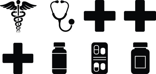 Medical Icons Including Caduceus, Stethoscope, Crosses, Pills, and Bottles vector illustration