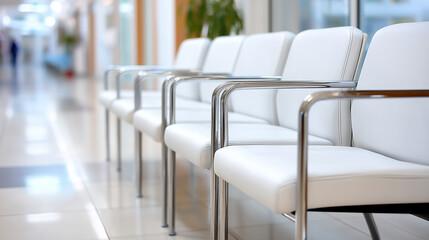 Empty hospital waiting room, clean chairs, bright interior, healthcare stock photo,commercial stock photography style, generic and non-identifiable subjects, no logos, no trademark