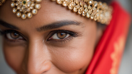 Close up portrait photography looking to camera of goddess Durga in red sari and detail eyes and crown
