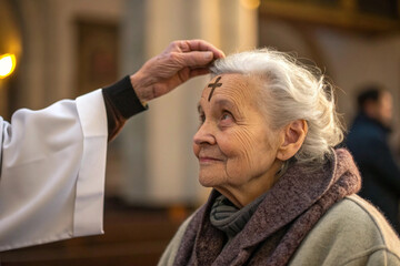 Elderly Woman Receiving Ash Cross with Gentle Expression