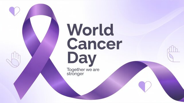 World cancer day poster with purple ribbon symbolizing strength unity and cancer awareness advocacy