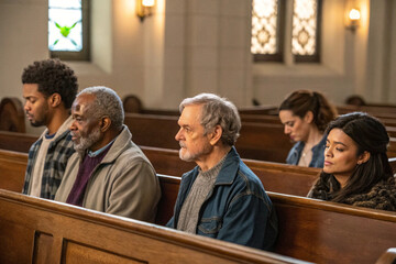 Group of Parishioners with Ash Crosses in Church Pew