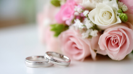 wedding rings and bouquet, soft romantic lighting, clean composition,commercial stock photography style, generic and non-identifiable subjects, no logos, no trademarks, no brands,