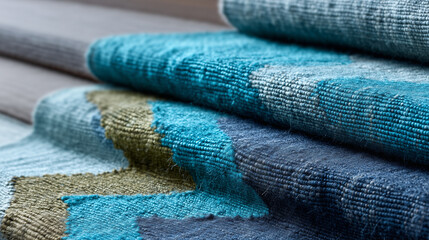 contemporary Nepali-inspired handwoven fabric, abstract stepped geometric pattern, vibrant blue-turquoise color, prussian blue linen base, flat weave upholstery textile, minimal et