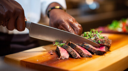 photo of a slab of medium rare cooked ribeye being thinly sliced by a chef,