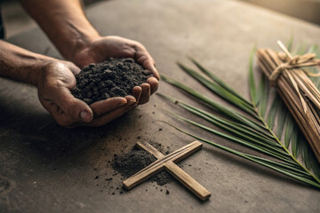 Diverse Hands Holding Ashes and Palm Cross Still Life