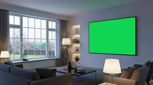 Modern living room with large window and green screen television for compositing and virtual set