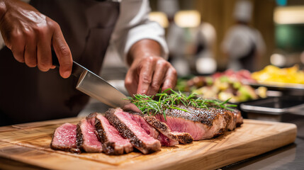 photo of a slab of medium rare cooked ribeye being thinly sliced by a chef,