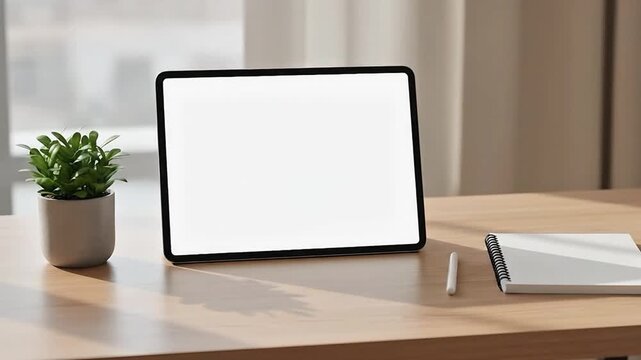 Modern tablet with blank screen and stylus on wooden desk beside potted plant and notebook