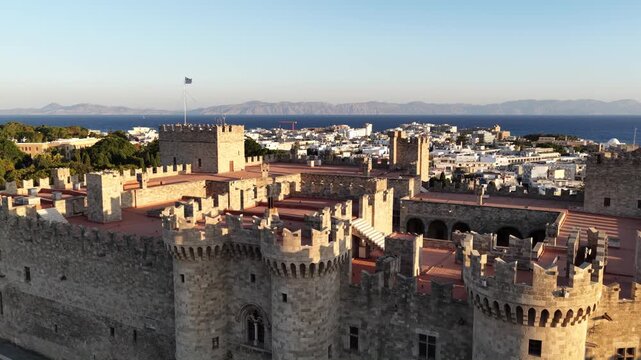 Aerial view of palace of the grand master of the knights of rhodes in Greece during a sunny day
