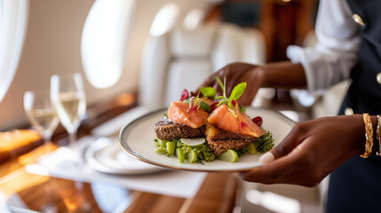 Close-up of faceless hands of a flight attendant serving a gourmet meal on a fine china plate inside a private jet, polished wood table, luxury service, sharp focus on the food and