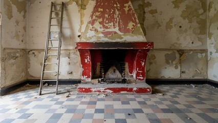 Abandoned room with deteriorating red fireplace and peeling walls checkered floor decay deterioration