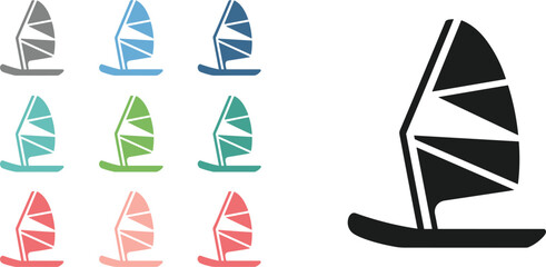 Set of windsurf sail icons in different colors and a large black windsurf sail water sport activity