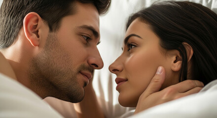 Close-up of couple's faces, intimate moment, eyes locked, symbolizing love, affection, and intimacy, ideal for Valentine's Day or relationship themes