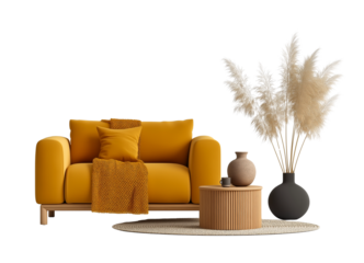 Yellow sofa with pampas grass and round rug couch furniture isolated on a transparent background