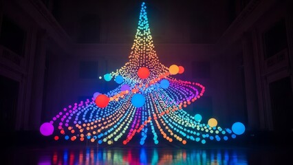 Vibrant colorful light installation in the shape of a Christmas tree