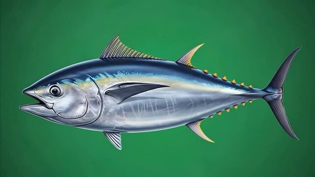 Realistic Yellowfin Tuna Fish Isolated on Green Screen Background for Marine Life and Seafood