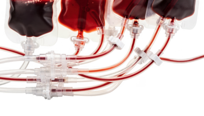 Closeup of apheresis device with focus on transparent tubing and blood collection bags isolated on a white background showcasing the precision of stem cell harvesting setup.