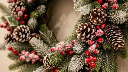 Festive Christmas wreath with pinecones and red berries on door