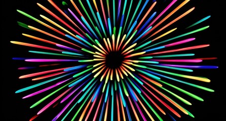 Colorful radial bursts radiating from a central point on a black background