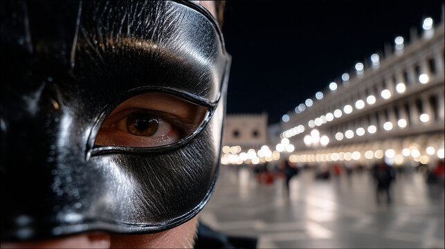 Faceless POV shot: looking through the eyeholes of a "Volto" mask, blurred background of costumed figures and illuminated lanterns on Piazza San Marco at night, immersive Carnival