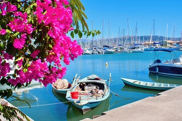 Lefkada , Greece. Small fisherman boat in marina.