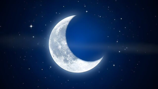 Glowing crescent moon in a starry night sky with a soft blue and white lunar surface illuminated by a bright light