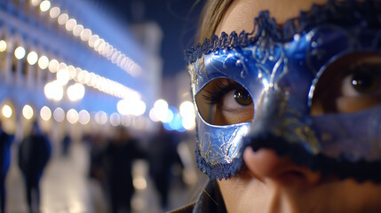 Faceless POV shot: looking through the eyeholes of a "Volto" mask, blurred background of costumed figures and illuminated lanterns on Piazza San Marco at night, immersive Carnival