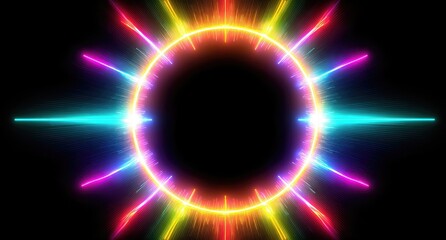 Vibrant, colorful, neon circle radiating light against a black background