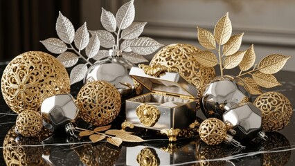 Luxurious gold and silver ornaments on marble surface