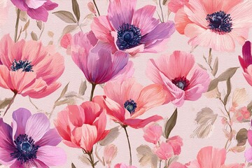 Elegant, chic, vintage seamless repeatable pattern featuring hand-painted watercolor tulips and anemones in fuchsia and rose with soft washes on pale pink background