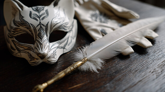 Faceless flat lay: a "Gatto" (cat) mask, a pair of embroidered gloves, and a feathered quill pen on a dark wooden table, Carnival souvenirs, moody atmospheric lighting, sharp focus