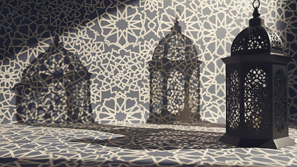 Three ornate metal lanterns on a decorative tile floor with a mosaic patterned wall in the background at night