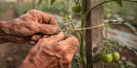 Elderly hands carefully tying tomato plant fundamental act of agriculture for future food security. gentle gardener shows dedication to growing organic vegetables in garden