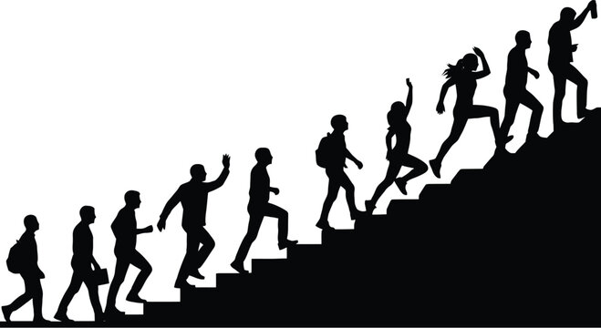 Silhouettes of people climbing stairs representing progress and success isolated on a white background for concept design