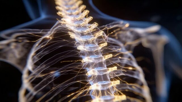 186Transparent anatomical view of spine, vertebrae stacked naturally, discs and spinal cord partially visible, soft lighting accentuating the intricate skeletal structure
