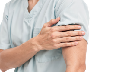 Softfocused closeup of clinician assessing axillary lymph nodes through gown patients arm lifted emphasizing medical examination technique on white background.