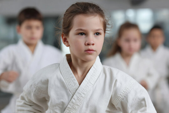 Children practicing martial arts in a dojo wear. - Powered by Adobe