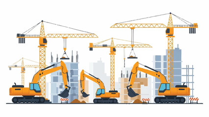 Illustration of heavy construction machinery including excavators and cranes in a cityscape with skyscrapers against a white background.