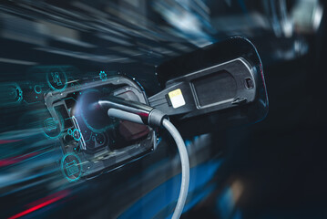 Close-up of an electric vehicle (EV) charging with a holographic digital overlay showing battery data. Concept of smart energy, innovation, and eco-friendly transportation technology.