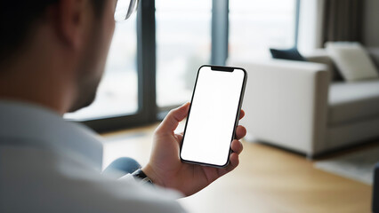 Hand holding mobile phone with blank white screen mockup in modern minimalist office interior, businessman using smartphone for smart home technology and app interface presentation.

