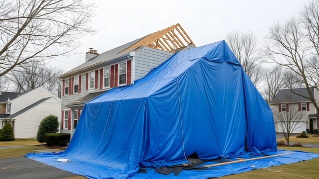 House with partially removed roof covered by blue tarp on suburban street construction