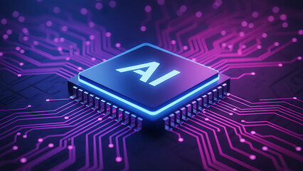 AI microchip on futuristic circuit board with neon glow