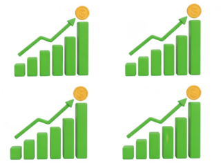 Four graphs showing progressive growth leading to success isolated on transparent background